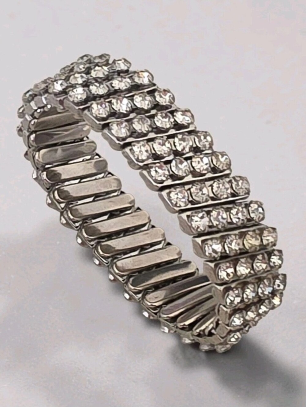 Vintage Clear Rhinestone Expansion Bracelet Silver Tone Expandable Flex